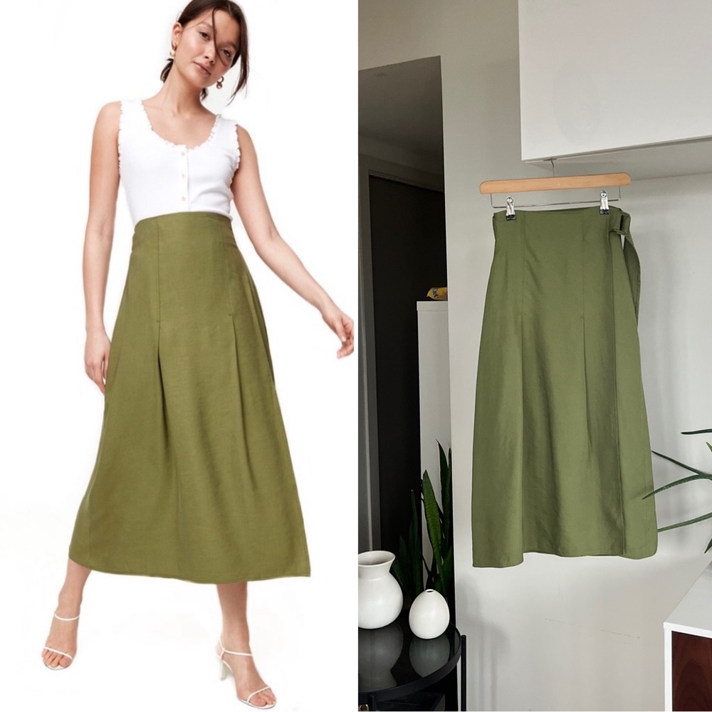 Aritzia Wilfred Linen Green Midi Wrap Silana Casual Summer Vacation Skirt Sz XS